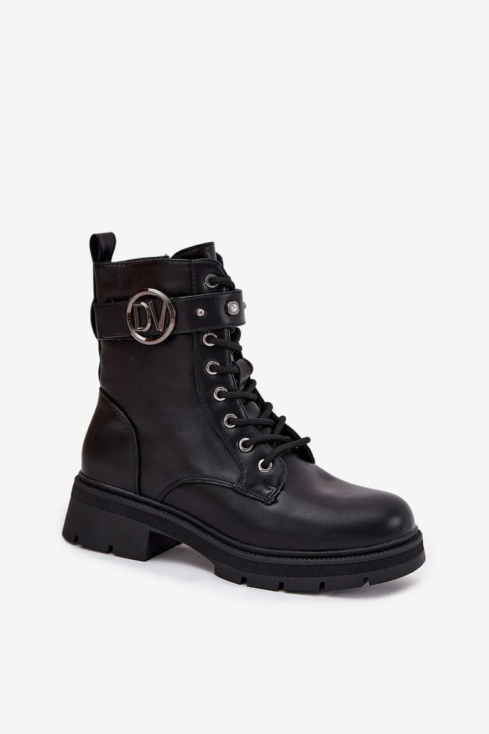 bottines femme montantes simili cuir lacées fermeture éclair doublure pelucheuse chaude bride boucle décorative semelle crantée antidérapante talon moyen motard