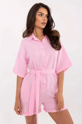 Combinaison Italy Moda légère en gaze de coton manches courtes rose pâle ceinture tissu