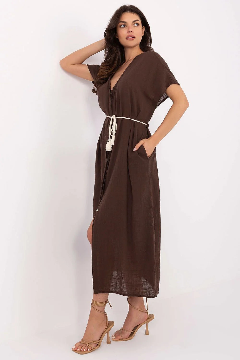 Robe de jour style bohème longue manches courtes décolleté en V coton élégante confortable femme