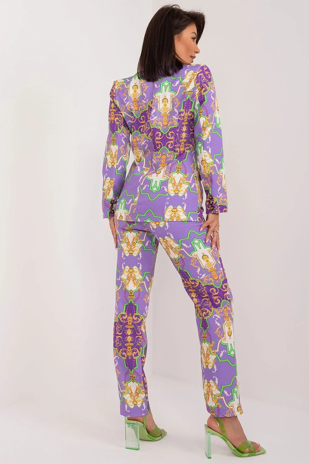 Ensemble féminin Italy Moda veste pantalon motifs baroques colorés coupe ajustée occasion spéciale soirée工作