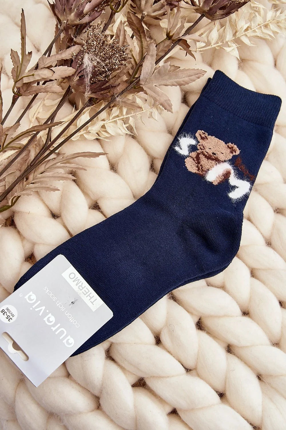 Chaussettes Step in style pour femmes, style élégant, motif ourson, tissu doux, confort optimal, couleur bleu marine, idéales pour les journées froides