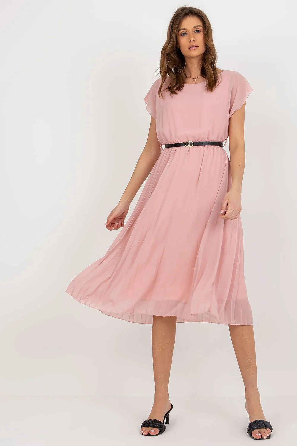 Robe de cocktail élégante à manches courtes encolure ronde ceinture noire plissée Italy Moda femme