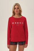 pyjama femme noël festif ensemble haut manches longues col rond imprimé CHRISTMAS flocons short tartan rouge vert coton doux confortable