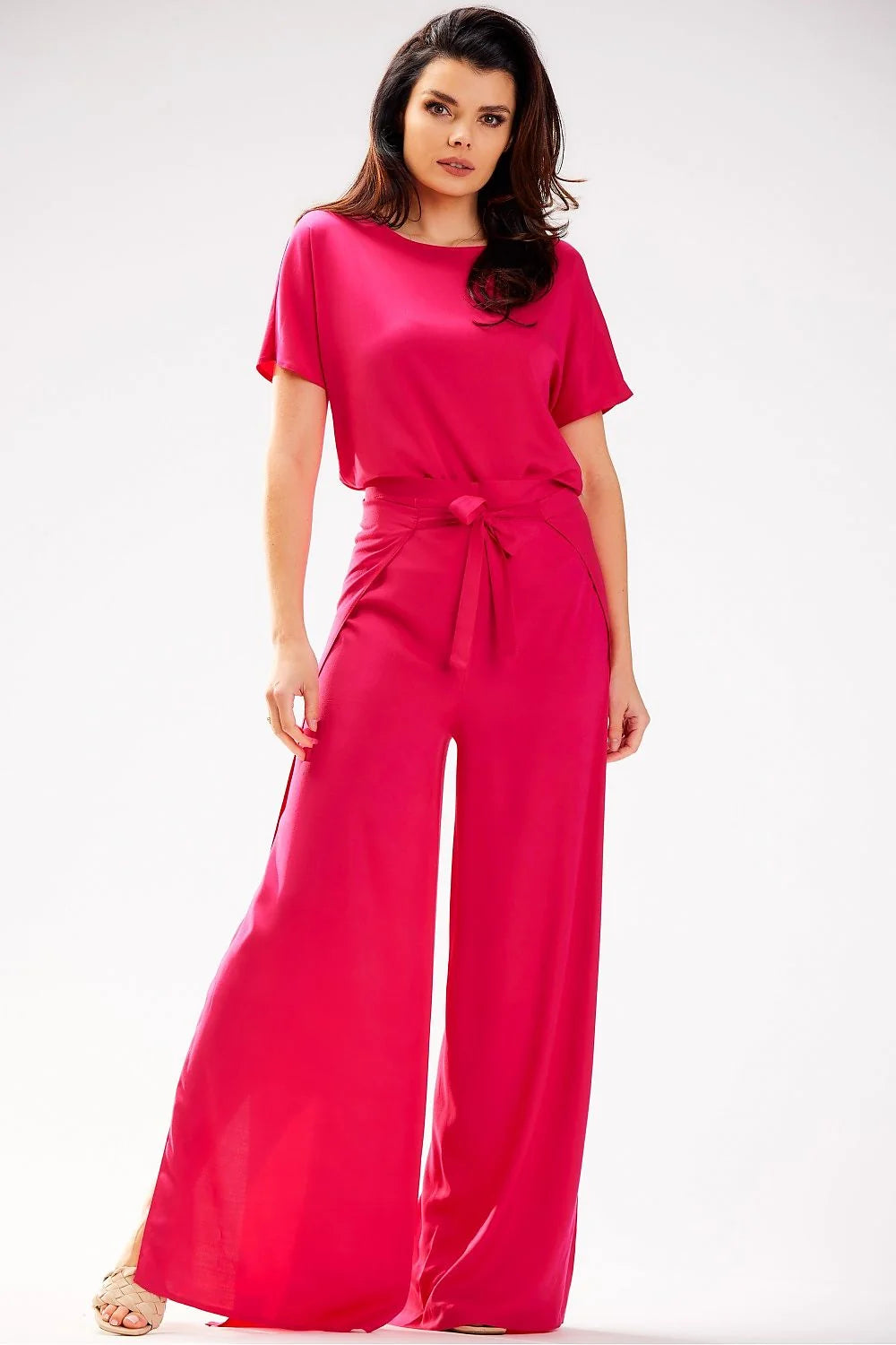 pantalon femme awama taille haute pinces viscose aérée conçue pologne élégante moderne fluide palazzo jambes larges ceinture nouée satinée respirante