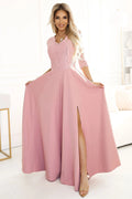 Robe longue élégante en dentelle fleurie couleur rose pâle manches 3/4 fente jupe longue femme