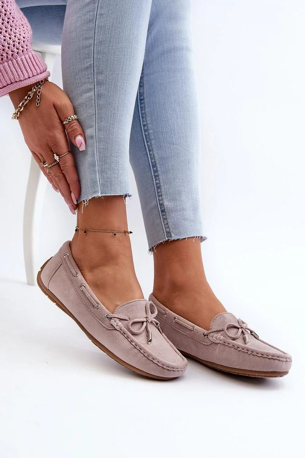 Mocassins pour femmes style classique élégant rose pâle éco-suède nœud décoratif semelle antidérapante confortable coupe basse