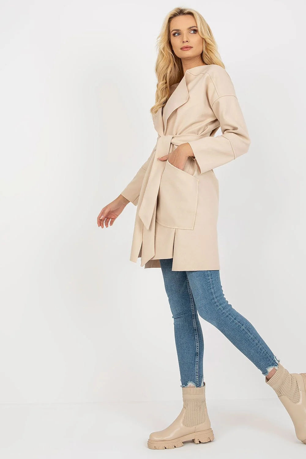 Manteau Och Bella pour femme style élégant moderne coupe structurée ceinture ajustable manches longues poches latérales beige polyester