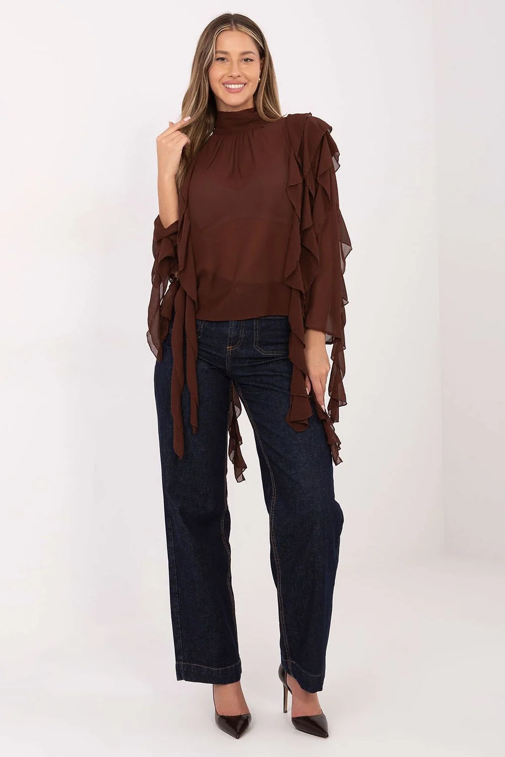 chemisier femme élégante col roulé manches longues viscose polyester doux extensible tombé fluide volants décoratifs romantique polyvalent soirée