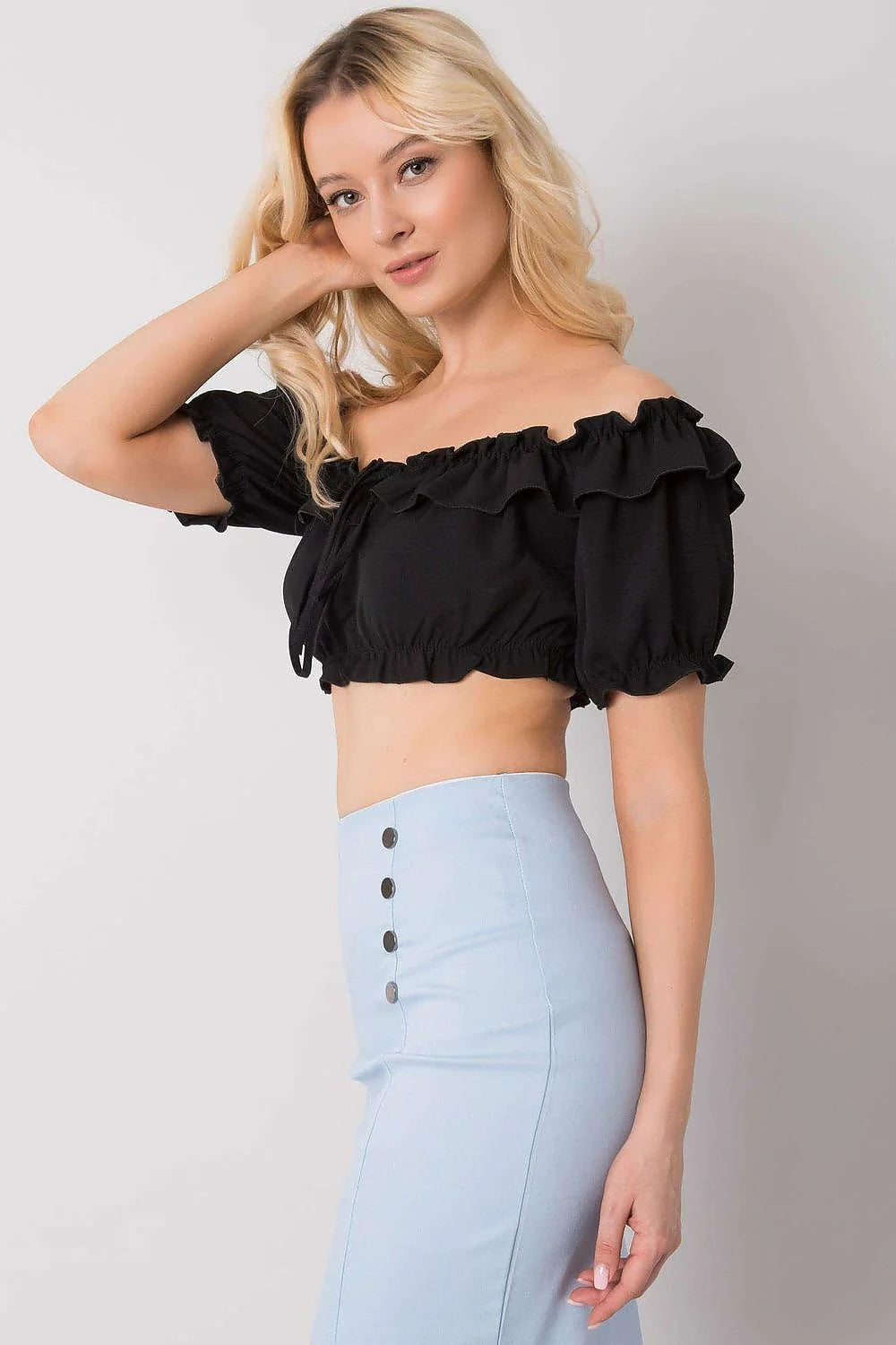 Ensemble chemisier jupe femme blanc style espagnol crop top manches courtes jupe courte smockée