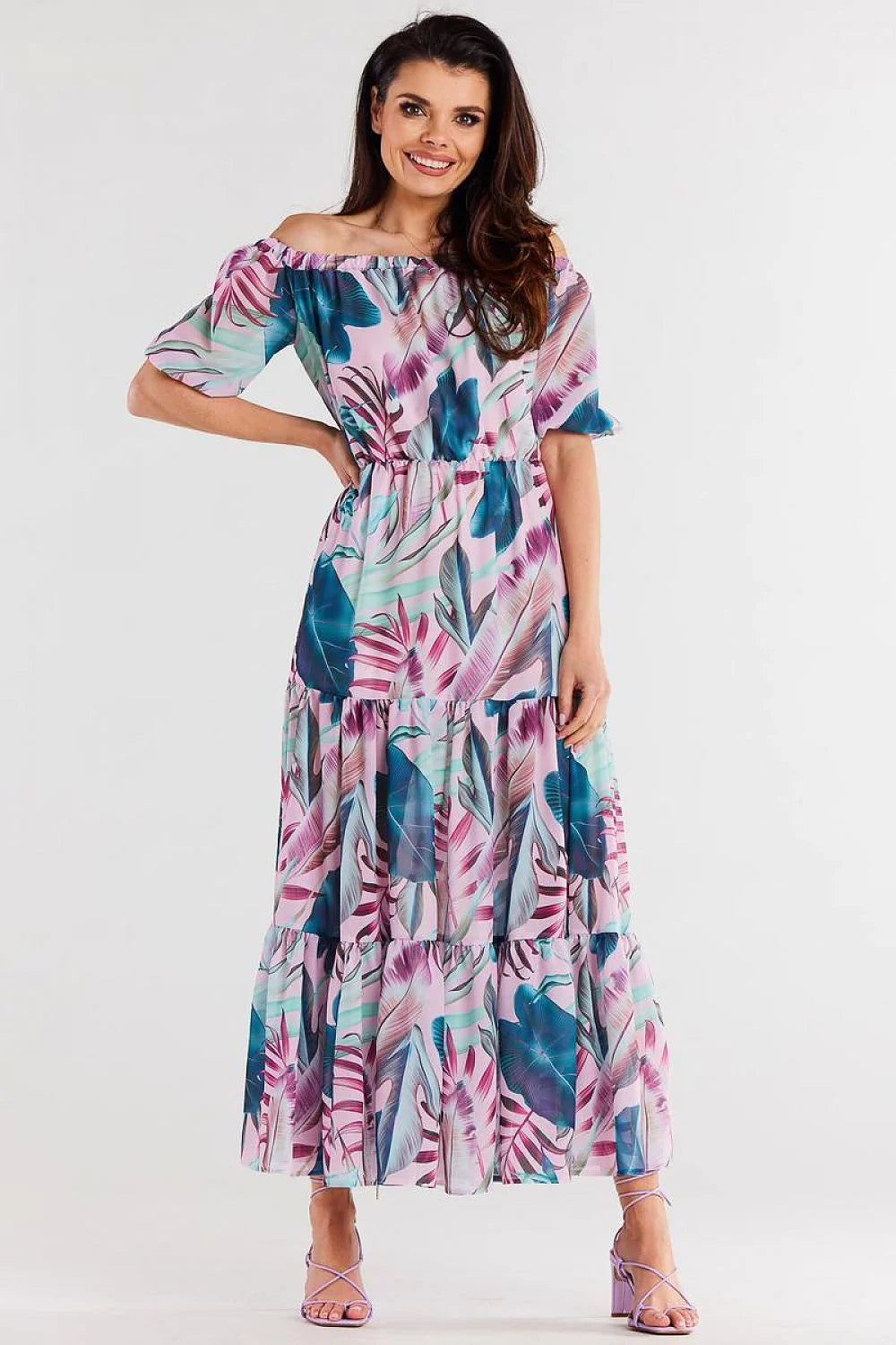 robe longue estivale offshoulder épaulesdénudées manchescourtes polyester fluide légère voile imprimé tropical feuilles pastel rose turquoise bleucanard volants tiers