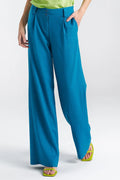 Pantalon long Nife pour femme en viscose, lin et coton bleu capri coupe décontractée taille haute poches latérales