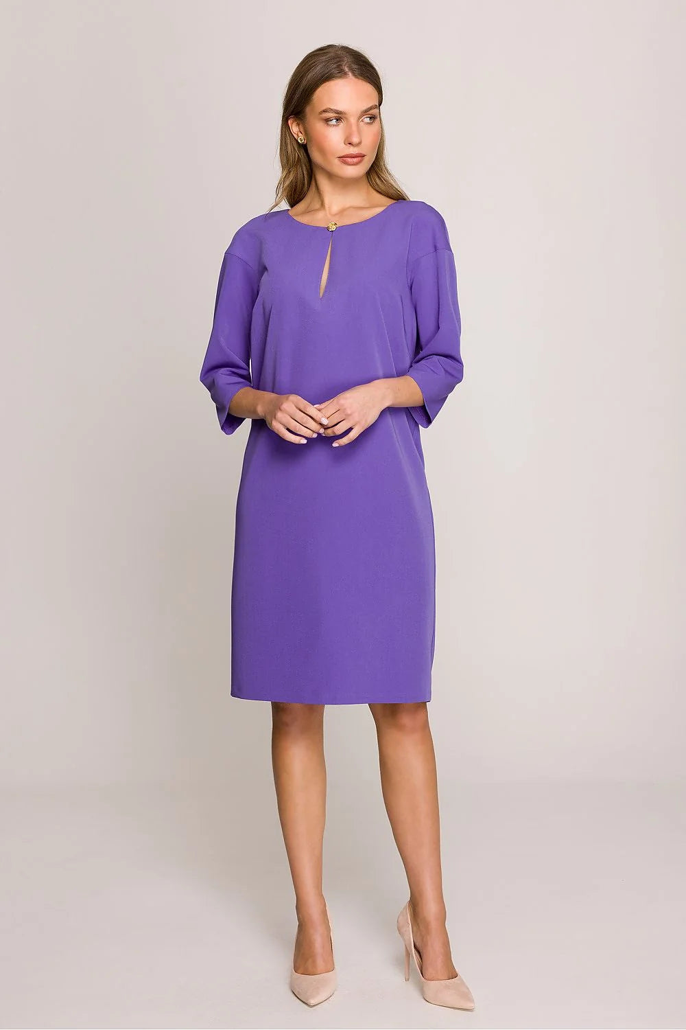 Robe de jour Stylove élégante confortable coupe ample manches trois-quarts décolleté bouton fente dos fermeture éclair