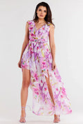 robe asymétrique longue mousseline floral aquarelle rose lilas pastel décolleté V volants fente avant taille ceinturée froncée fluide
