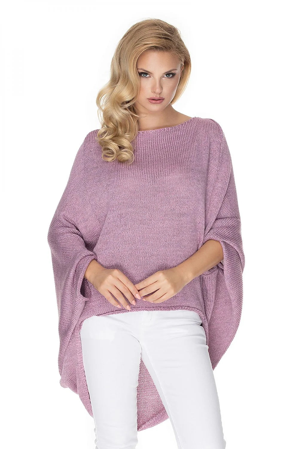 Poncho femme tricoté en maille bleu clair coupe oversize manches chauve-souris style décontracté chic