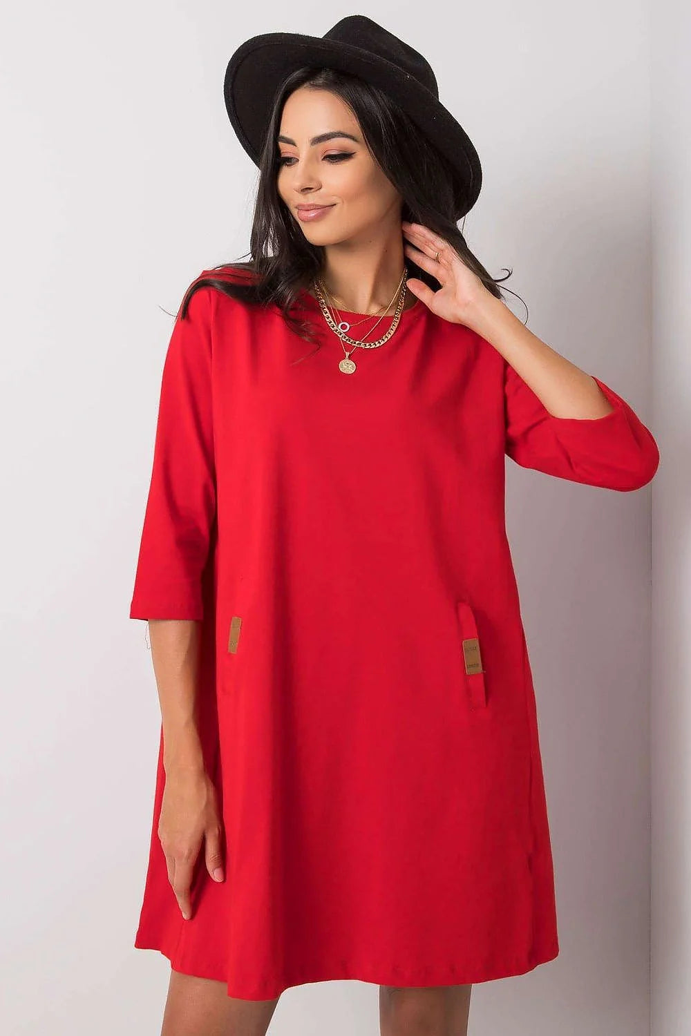 Robe ample verte coton moderne manches 3/4 poches latérales style décontracté mode féminine élégante