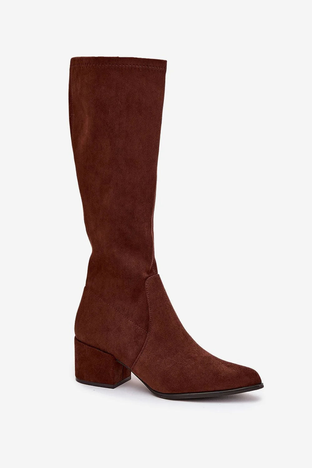 bottes montantes femme suédine écologique marron bout pointu talon bloc 6cm tige 36cm fermeture éclair fourrure confort chaud polyvalente élégante