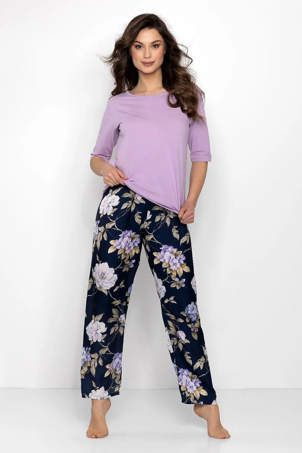 Pyjama pour femme décontracté élégant motifs floraux couleur lavande manches mi-longues coupe ample pantalon large