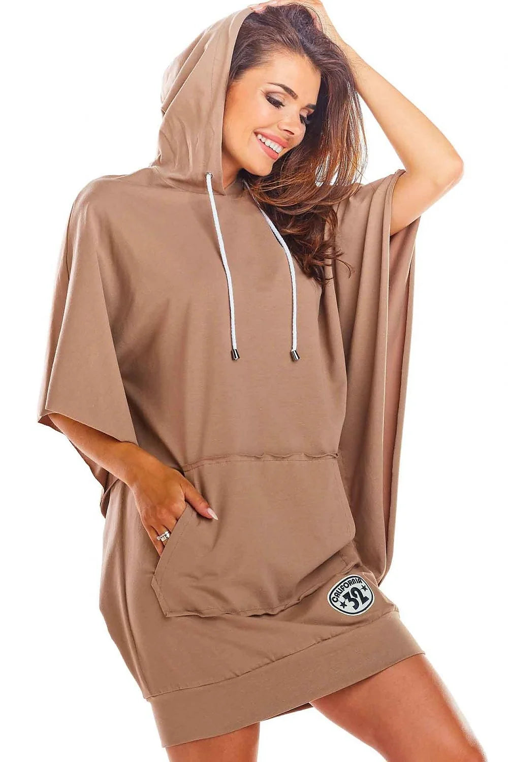 robe jour femme ample oversize capuche cordon poches kangourou manches courtes mi cuisse coton lycra blanc
