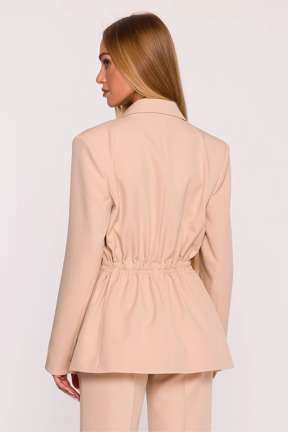 veste blazer femme beige oversize droite taille ajustable cordons métalliques col cranté boutonnière manches longues poches plaquées fluide