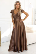 robe longue maxi satinée brillante mocha mousse numoco cachecoeur décolleté plongeant manches papillon fente latérale jupe évasée fluide ceinturée