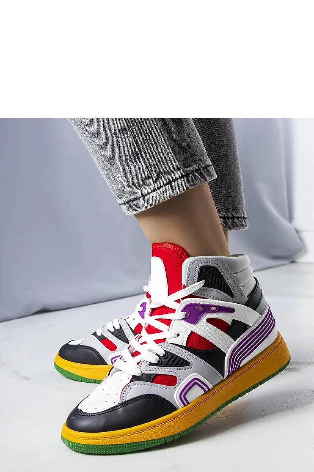 Baskets montantes audacieuses multicolores femmes cuir synthétique textile perforations semelle épaisse couleur verte jaune rouge violet noir blanc