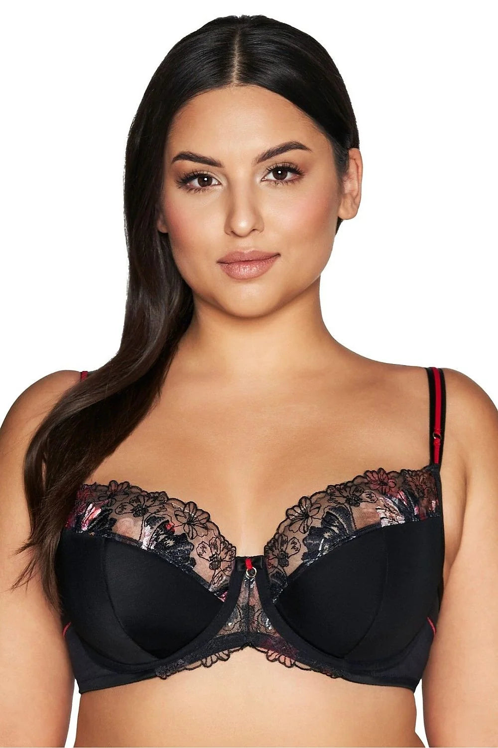 Soutien-gorge élégant et sensuel semi-soft Ava en microfibre dentelle noire motifs floraux rouges cups rembourrées maintien optimal femmes poitrine généreuse
