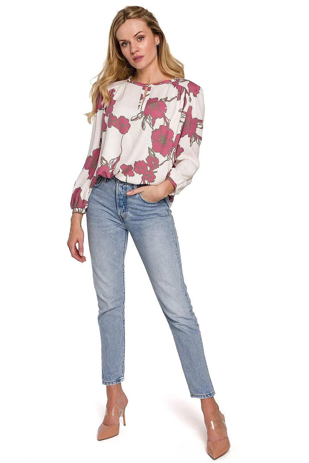 Chemisier viscose floral romantique manches ballon ajustable élégant pour femme chic et décontractée