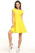 Robe trapèze en coton élasthanne jaune vif manches courtes ajustable mode été femme élégante