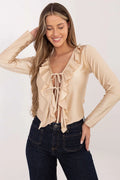 chemisier femme élégant manches longues col V lacets volants satiné champagne court cintré fluide léger sophistiqué soirée