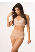 Lingerie femme ensemble soutien-gorge culotte taille haute dentelle beige nude microfibre confort élégance occasion quotidienne