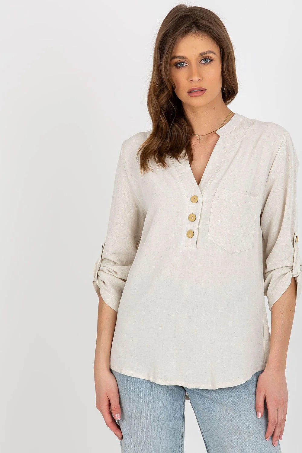 Chemisier Rue Paris design épuré beige clair col Mao manches longues boutons en bois poche plaquée femmes