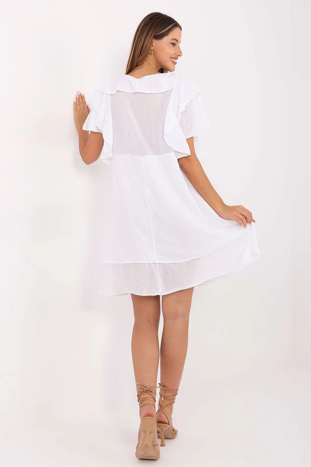 Robe été silhouette trapèze coton respirant encolure V volants manches courtes couleur blanche universelle occasions décontractées femme