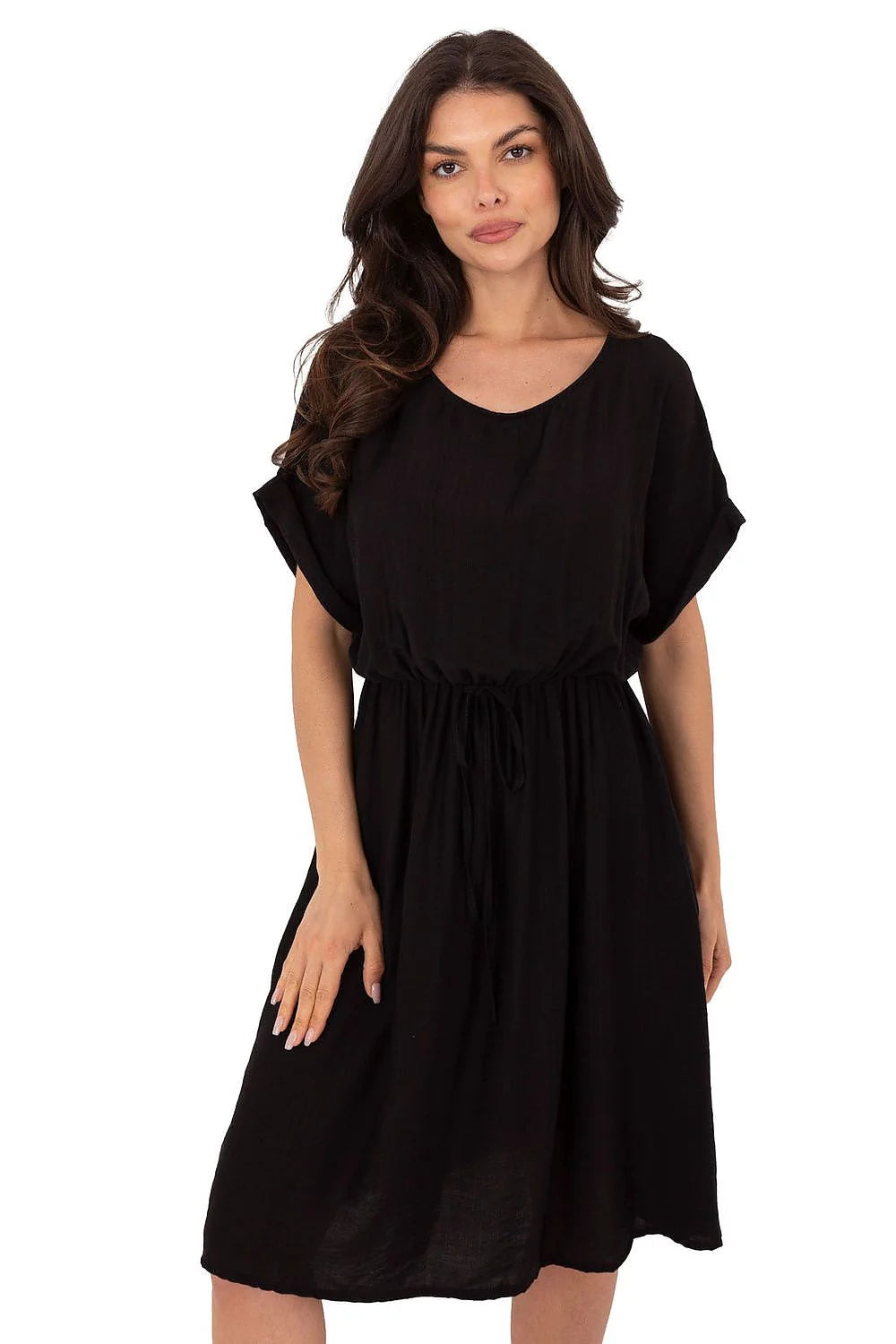 robe été viscose évasée élégante noire col rond manches courtes ceinture ajustable taille cintrée jupe fluide