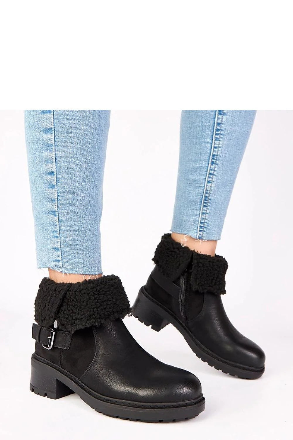 bottines femme cheville noir cuir synthétique col retroussable fourrure sherpa bout rond semelle crantée antidérapante talon bloc moyen zippée confortable