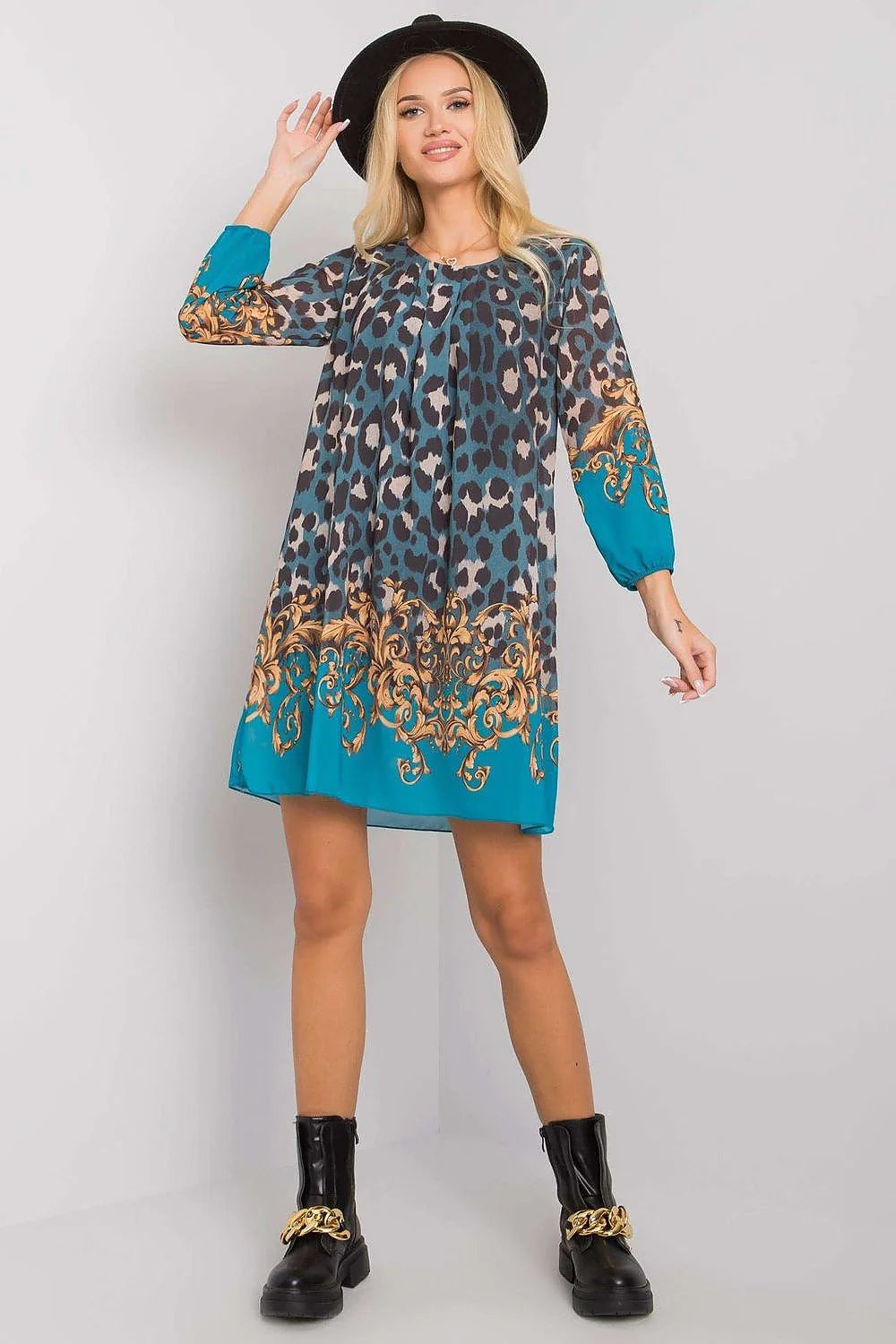 Robe de jour audacieuse Och Bella motif léopard coupe trapèze manches longues encolure ronde doublée polyester viscose femme