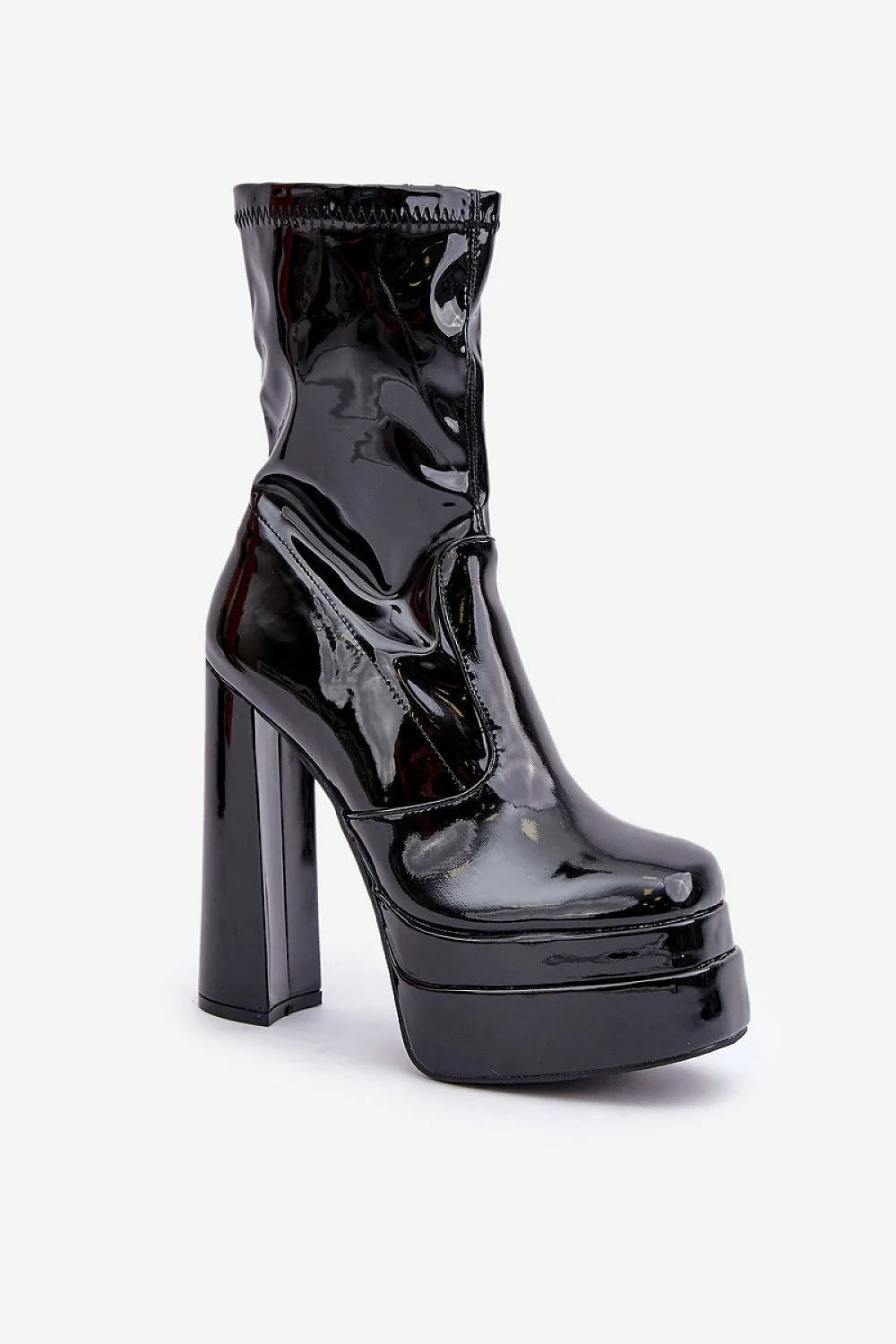 bottines hautes plateforme verni noir talon bloc bout rond froncé tige mi mollet fermeture éclair doublure confortable semelle antidérapante femme