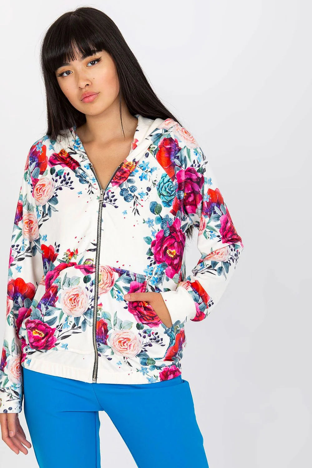 Sweatshirt à capuche floral femme, manches longues, fermeture éclair, style casual, matériau doux, taille confortable