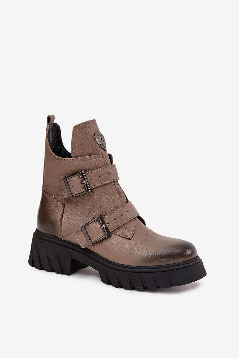 bottines femme cuir naturel feutre chaude zippée latérale sangles réglables boucles métal biker taupe grainé semelle plateforme crantée