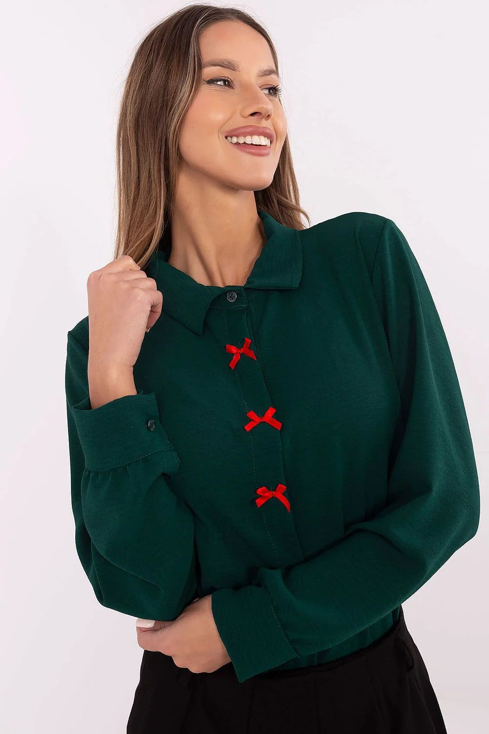 Chemise à manches longues pour femme style classique vert foncé nœuds rouges coupe décontractée Italy Moda