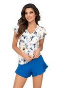 pyjama femme viscose élasthanne motif floral bleu corail short taille haute volant col V manches courtes léger confortable estival chic