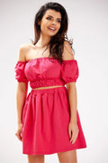 Chemisier crop top off-shoulder manches courtes élastique Taille haute jupe évasée rose vif été occasion décontractée mode féminine