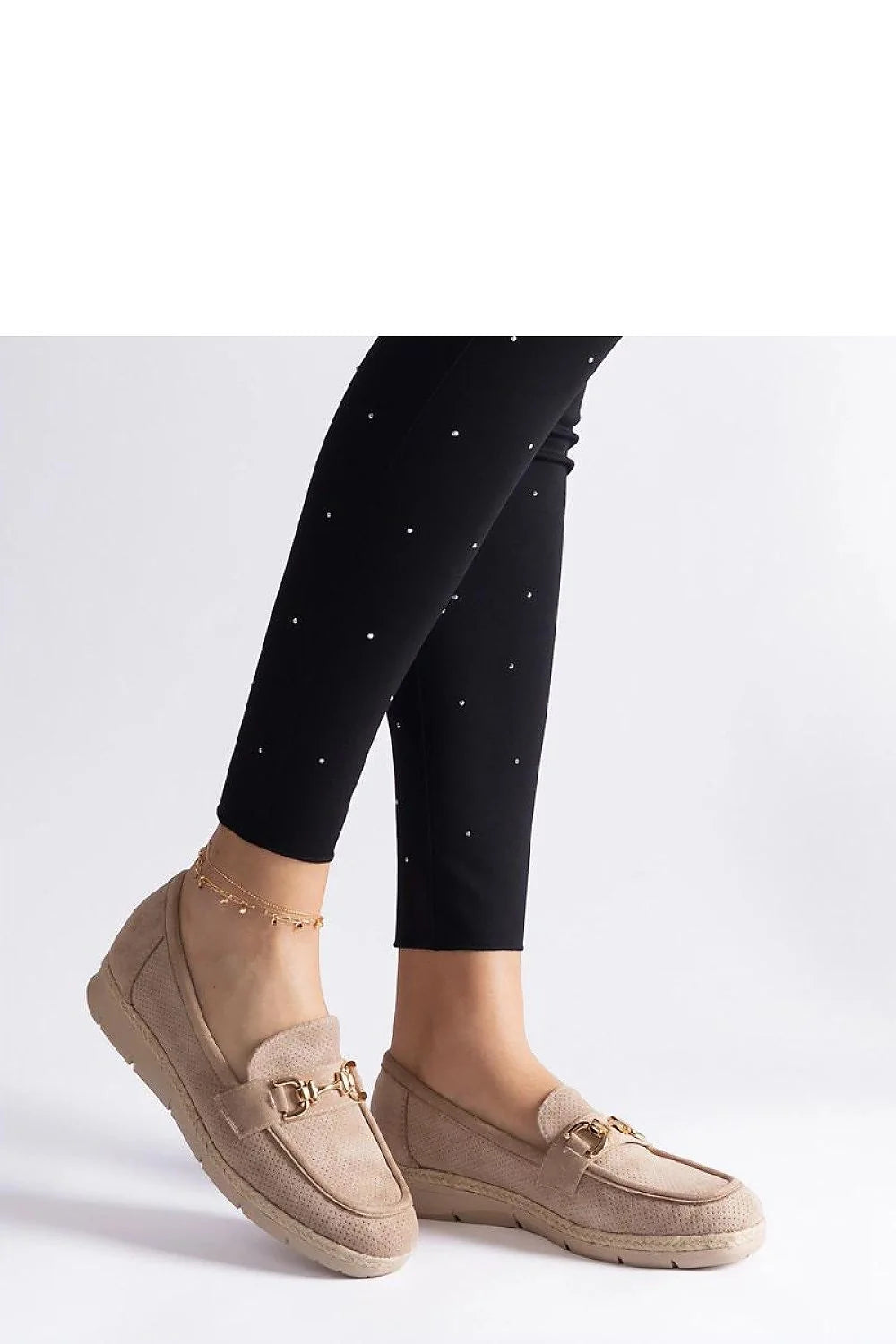 moccasins Solea femmes beige suédine semelle compensée crantée dorée mors métallique bout arrondi cousu rembourré confortable polyvalent élégant