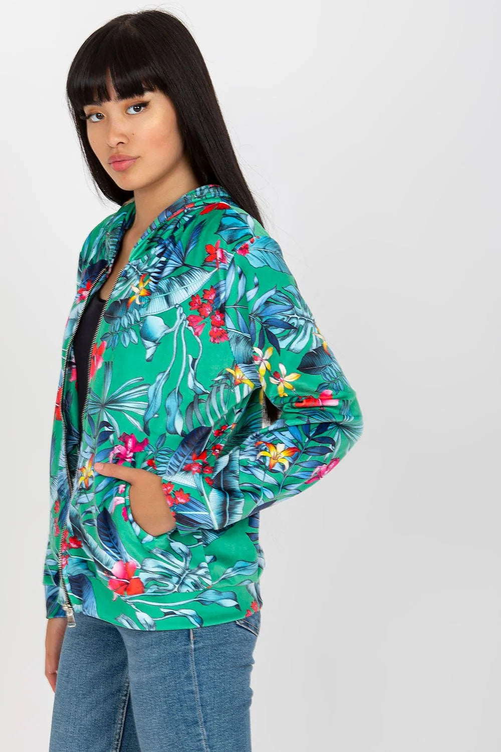 Veste tropical floral bleu vert palmes fleurs coupe droite manches longues zip capuche confortable léger printemps été style