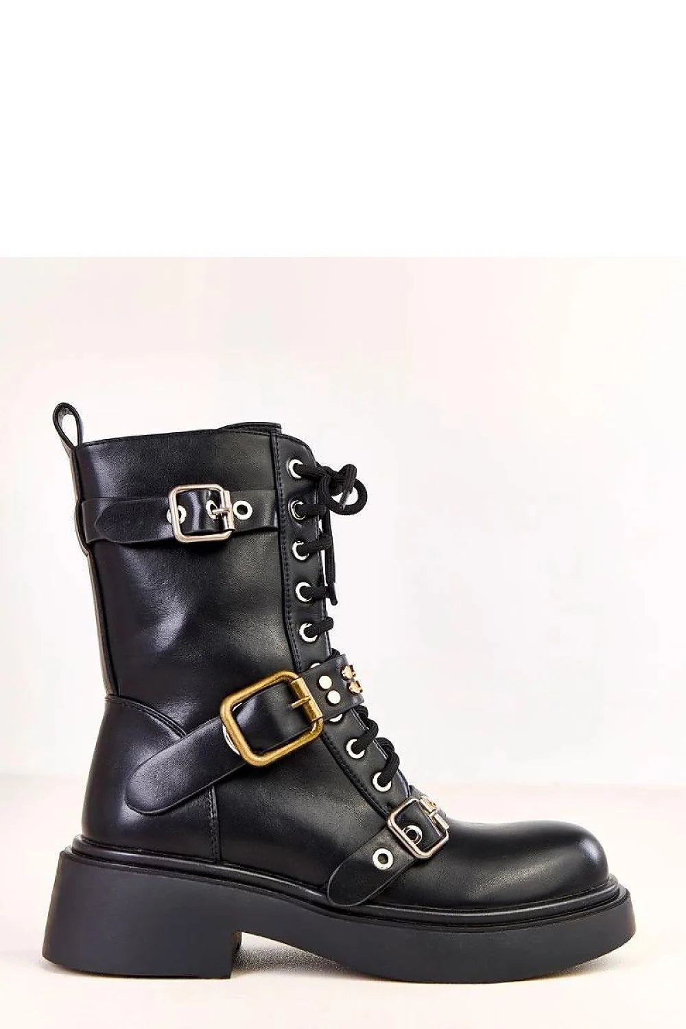 bottines femme cheville similicuir noir motardes plateforme crantée semelle épaisse lacets zippée boucles strass clous doublure isolante talon 5cm confortables