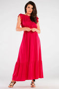 Robe longue élégante rouge viscosé femmes volants manches courtes taille élastiquée dos nu style été