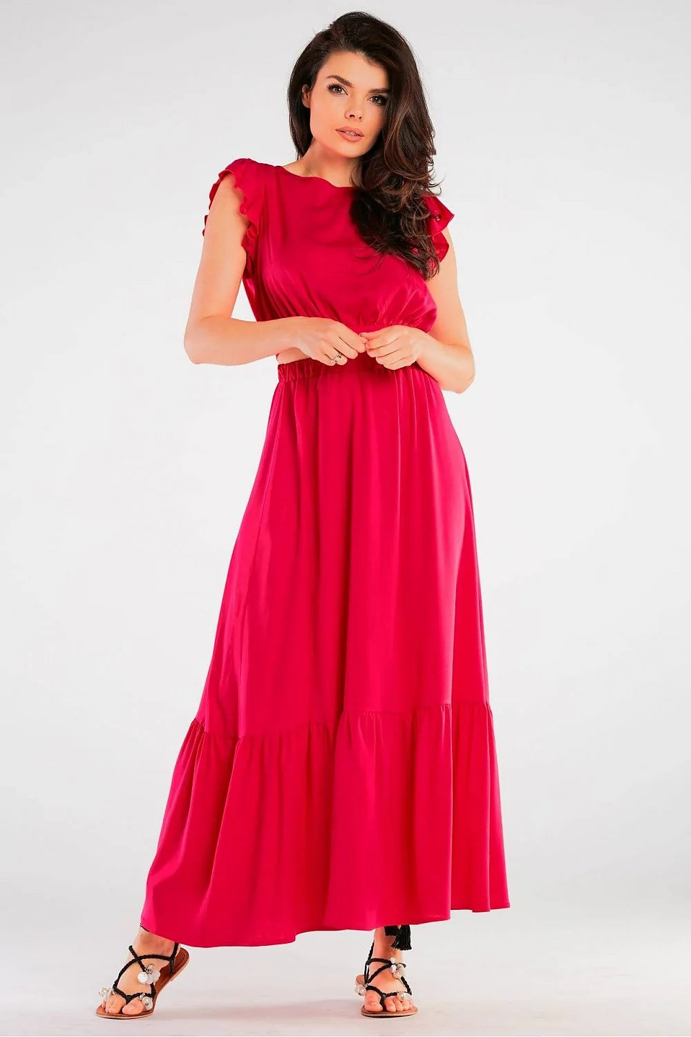 Robe longue élégante rouge viscosé femmes volants manches courtes taille élastiquée dos nu style été