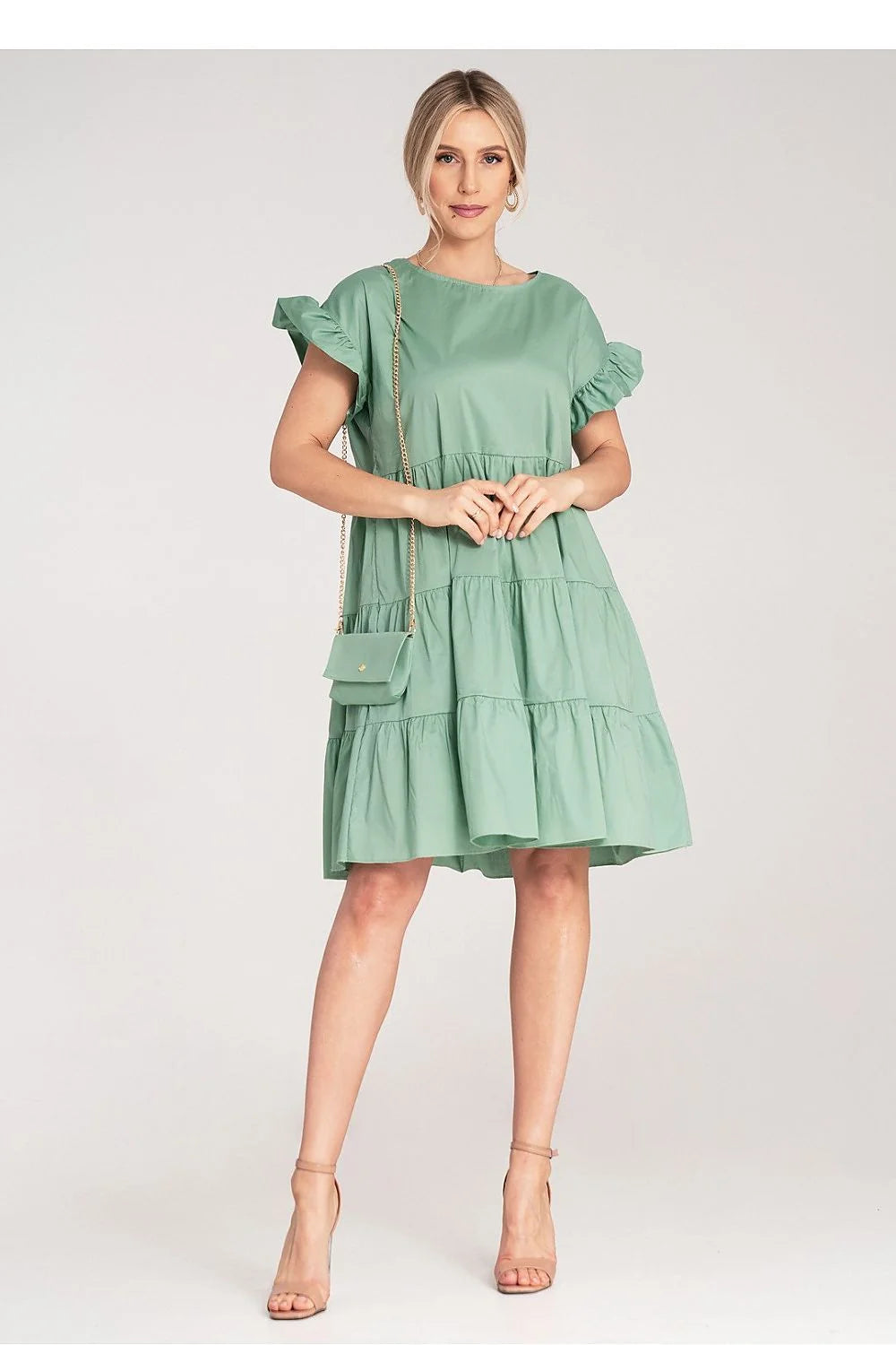 Robe de jour Figl verte menthe mini volants manches courtes en coton élasthanne taille S/M femme occasion estivale