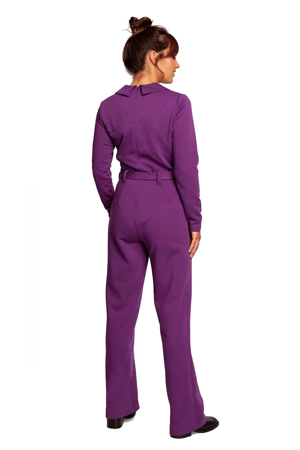 Combinaison Be Wear pour femme, violet intense, combi-pantalon ajusté, col classique, manches longues, ceinture intégrée, poches latérales, tissu doux, 90% coton, 10% polyester