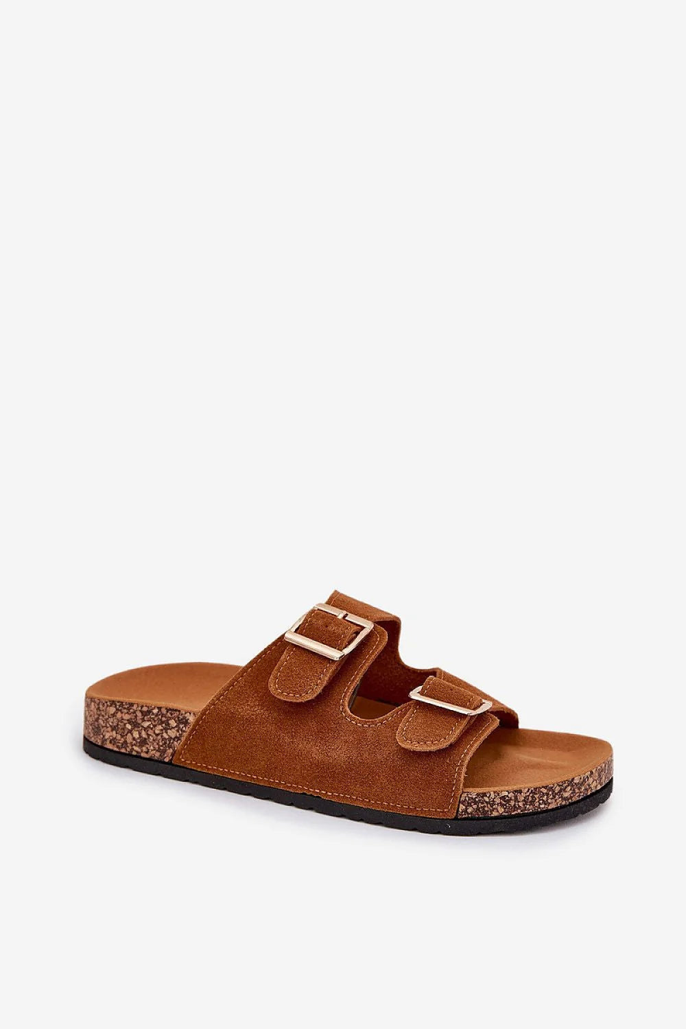 sandales femme suédine écologique cognac deux brides réglables boucles dorées semelle liège anatomique caoutchouc antidérapante confort