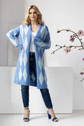 Cardigan Pee Ka Boo long ample motif géométrique bleu doux manches longues ouvert devant femme mode intemporel